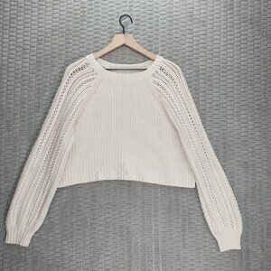 American Eagle White Pointelle Crochet Crop Sweater-Sz M